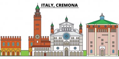 İtalya, Cremona. Şehir manzarası, mimari, binalar, caddeler, siluet, manzara, panorama, yerler. Düzenlenebilir vuruş. Düz çizgi vektör çizim tasarım. İzole simgeler