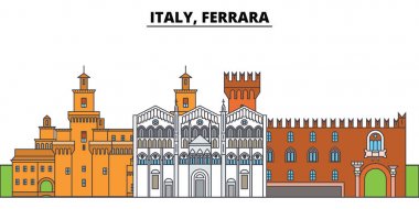 İtalya, Ferrara. Şehir manzarası, mimari, binalar, caddeler, siluet, manzara, panorama, yerler. Düzenlenebilir vuruş. Düz çizgi vektör çizim tasarım. İzole simgeler