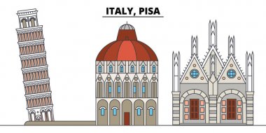 İtalya, Pisa. Şehir manzarası, mimari, binalar, caddeler, siluet, manzara, panorama, yerler. Düzenlenebilir vuruş. Düz çizgi vektör çizim tasarım. İzole simgeler