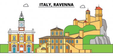 İtalya, Ravenna. Şehir manzarası, mimari, binalar, caddeler, siluet, manzara, panorama, yerler. Düzenlenebilir vuruş. Düz çizgi vektör çizim tasarım. İzole simgeler