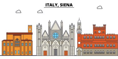 İtalya, Siena. Şehir manzarası, mimari, binalar, caddeler, siluet, manzara, panorama, yerler. Düzenlenebilir vuruş. Düz çizgi vektör çizim tasarım. İzole simgeler