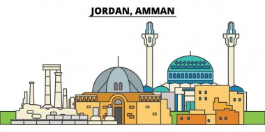 Ürdün, Amman. Şehir manzarası, mimari, binalar, caddeler, siluet, manzara, panorama, yerler. Düzenlenebilir vuruş. Düz çizgi vektör çizim tasarım. İzole simgeler