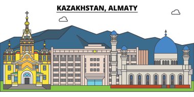 Kazakistan, Almaty. Şehir manzarası, mimari, binalar, caddeler, siluet, manzara, panorama, yerler. Düzenlenebilir vuruş. Düz çizgi vektör çizim tasarım. İzole simgeler