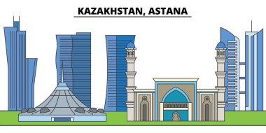 Kazakistan, Astana. Şehir manzarası, mimari, binalar, caddeler, siluet, manzara, panorama, yerler. Düzenlenebilir vuruş. Düz çizgi vektör çizim tasarım. İzole simgeler