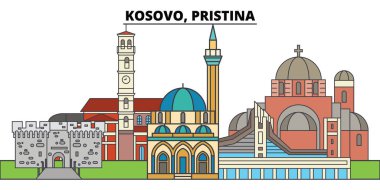 Kosova Priştine. Şehir manzarası, mimari, binalar, caddeler, siluet, manzara, panorama, yerler. Düzenlenebilir vuruş. Düz çizgi vektör çizim tasarım. İzole simgeler