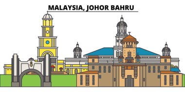 Malezya, Johor Bahru. Şehir manzarası, mimari, binalar, caddeler, siluet, manzara, panorama, yerler. Düzenlenebilir vuruş. Düz çizgi vektör çizim tasarım. İzole simgeler