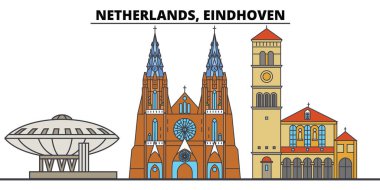 Hollanda, Eindhoven. Şehir manzarası, mimari, binalar, caddeler, siluet, manzara, panorama, yerler. Düzenlenebilir vuruş. Düz çizgi vektör çizim tasarım. İzole simgeler