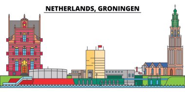 Hollanda, Groningen. Şehir manzarası, mimari, binalar, caddeler, siluet, manzara, panorama, yerler. Düzenlenebilir vuruş. Düz çizgi vektör çizim tasarım. İzole simgeler