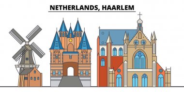 Hollanda, Haarlem. Şehir manzarası, mimari, binalar, caddeler, siluet, manzara, panorama, yerler. Düzenlenebilir vuruş. Düz çizgi vektör çizim tasarım. İzole simgeler