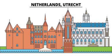 Hollanda, Utrecht. Şehir manzarası, mimari, binalar, caddeler, siluet, manzara, panorama, yerler. Düzenlenebilir vuruş. Düz çizgi vektör çizim tasarım. İzole simgeler