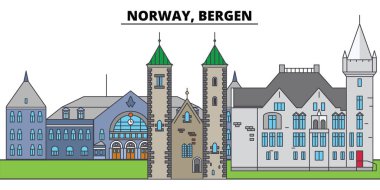 Norveç, Bergen. Şehir manzarası, mimari, binalar, caddeler, siluet, manzara, panorama, yerler. Düzenlenebilir vuruş. Düz çizgi vektör çizim tasarım. İzole simgeler