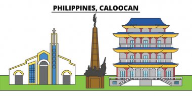 Filipinler, Caloocan. Şehir manzarası, mimari, binalar, caddeler, siluet, manzara, panorama, yerler. Düzenlenebilir vuruş. Düz çizgi vektör çizim tasarım. İzole simgeler