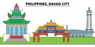 Filipinler, Davao City. Şehir manzarası, mimari, binalar, caddeler, siluet, manzara, panorama, yerler. Düzenlenebilir vuruş. Düz çizgi vektör çizim tasarım. İzole simgeler