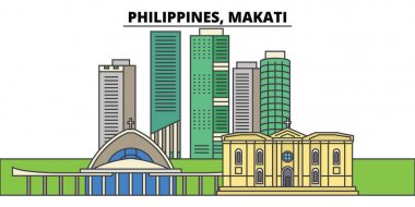 Filipinler, Makati. Şehir manzarası, mimari, binalar, caddeler, siluet, manzara, panorama, yerler. Düzenlenebilir vuruş. Düz çizgi vektör çizim tasarım. İzole simgeler
