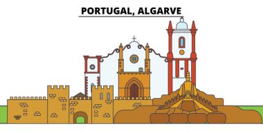 Algarve, Portekiz. Şehir manzarası, mimari, binalar, caddeler, siluet, manzara, panorama, yerler. Düzenlenebilir vuruş. Düz çizgi vektör çizim tasarım. İzole simgeler