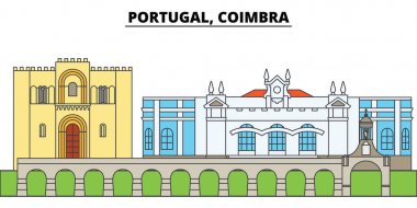 Coimbra, Portekiz. Şehir manzarası, mimari, binalar, caddeler, siluet, manzara, panorama, yerler. Düzenlenebilir vuruş. Düz çizgi vektör çizim tasarım. İzole simgeler