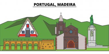 Madeira, Portekiz. Şehir manzarası, mimari, binalar, caddeler, siluet, manzara, panorama, yerler. Düzenlenebilir vuruş. Düz çizgi vektör çizim tasarım. İzole simgeler