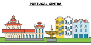Sintra, Portekiz. Şehir manzarası, mimari, binalar, caddeler, siluet, manzara, panorama, yerler. Düzenlenebilir vuruş. Düz çizgi vektör çizim tasarım. İzole simgeler