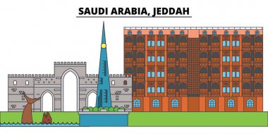 Suudi Arabistan Cidde. Şehir manzarası, mimari, binalar, caddeler, siluet, manzara, panorama, yerler. Düzenlenebilir vuruş. Düz çizgi vektör çizim tasarım. İzole simgeler