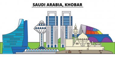 Khobar, Suudi Arabistan. Şehir manzarası, mimari, binalar, caddeler, siluet, manzara, panorama, yerler. Düzenlenebilir vuruş. Düz çizgi vektör çizim tasarım. İzole simgeler