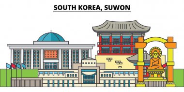 Suwon, Güney Kore. Şehir manzarası, mimari, binalar, caddeler, siluet, manzara, panorama, yerler. Düzenlenebilir vuruş. Düz çizgi vektör çizim tasarım. İzole simgeler