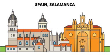 İspanya, Salamanca. Şehir manzarası, mimari, binalar, caddeler, siluet, manzara, panorama, yerler. Düzenlenebilir vuruş. Düz çizgi vektör çizim tasarım. İzole simgeler