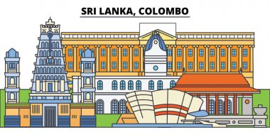 Sri Lanka, Colombo. Şehir manzarası, mimari, binalar, caddeler, siluet, manzara, panorama, yerler. Düzenlenebilir vuruş. Düz çizgi vektör çizim tasarım. İzole simgeler