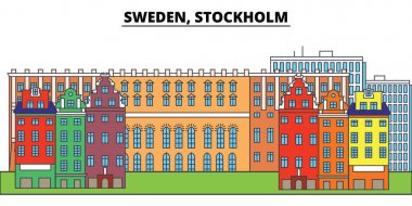 İsveç Stokholm. Şehir manzarası, mimari, binalar, caddeler, siluet, manzara, panorama, yerler. Düzenlenebilir vuruş. Düz çizgi vektör çizim tasarım. İzole simgeler