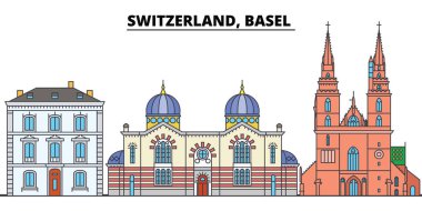İsviçre, Basel. Şehir manzarası, mimari, binalar, caddeler, siluet, manzara, panorama, yerler. Düzenlenebilir vuruş. Düz çizgi vektör çizim tasarım. İzole simgeler