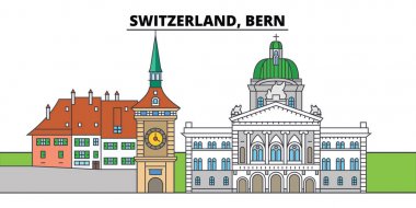 İsviçre Bern. Şehir manzarası, mimari, binalar, caddeler, siluet, manzara, panorama, yerler. Düzenlenebilir vuruş. Düz çizgi vektör çizim tasarım. İzole simgeler