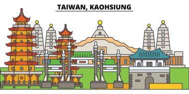 Tayvan, Kaohsiung. Şehir manzarası, mimari, binalar, caddeler, siluet, manzara, panorama, yerler. Düzenlenebilir vuruş. Düz çizgi vektör çizim tasarım. İzole simgeler