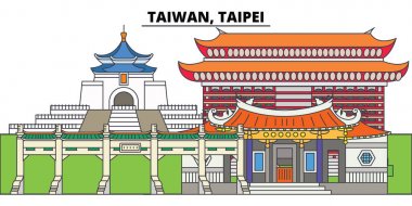 Tayvan, Taipei. Şehir manzarası, mimari, binalar, caddeler, siluet, manzara, panorama, yerler. Düzenlenebilir vuruş. Düz çizgi vektör çizim tasarım. İzole simgeler