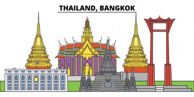 Tayland, Bangkok. Şehir manzarası, mimari, binalar, caddeler, siluet, manzara, panorama, yerler. Düzenlenebilir vuruş. Düz çizgi vektör çizim tasarım. İzole simgeler