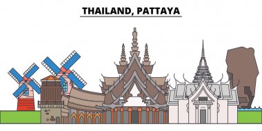 Tayland, Pattaya. Şehir manzarası, mimari, binalar, caddeler, siluet, manzara, panorama, yerler. Düzenlenebilir vuruş. Düz çizgi vektör çizim tasarım. İzole simgeler