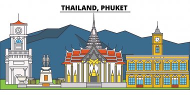 Tayland Phuket. Şehir manzarası, mimari, binalar, caddeler, siluet, manzara, panorama, yerler. Düzenlenebilir vuruş. Düz çizgi vektör çizim tasarım. İzole simgeler