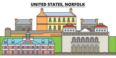 Amerika Birleşik Devletleri, Norfolk. Şehir manzarası, mimari, binalar, caddeler, siluet, manzara, panorama, yerler. Düzenlenebilir vuruş. Düz çizgi vektör çizim tasarım. İzole simgeler