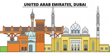 Birleşik Arap Emirlikleri, Dubai. Şehir manzarası, mimari, binalar, caddeler, siluet, manzara, panorama, yerler. Düzenlenebilir vuruş. Düz çizgi vektör çizim tasarım. İzole simgeler