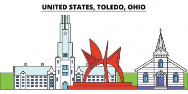 Amerika Birleşik Devletleri, Toledo, Ohio. Şehir manzarası, mimari, binalar, caddeler, siluet, manzara, panorama, yerler. Düzenlenebilir vuruş. Düz çizgi vektör çizim tasarım. İzole simgeler