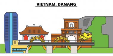 Vietnam, Reno, Danang. Şehir manzarası, mimari, binalar, caddeler, siluet, manzara, panorama, yerler. Düzenlenebilir vuruş. Düz çizgi vektör çizim tasarım. İzole simgeler