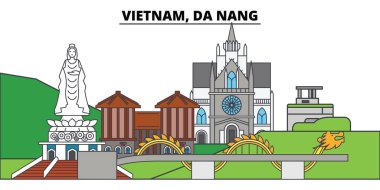 Vietnam Da Nang. Şehir manzarası, mimari, binalar, caddeler, siluet, manzara, panorama, yerler. Düzenlenebilir vuruş. Düz çizgi vektör çizim tasarım. İzole simgeler