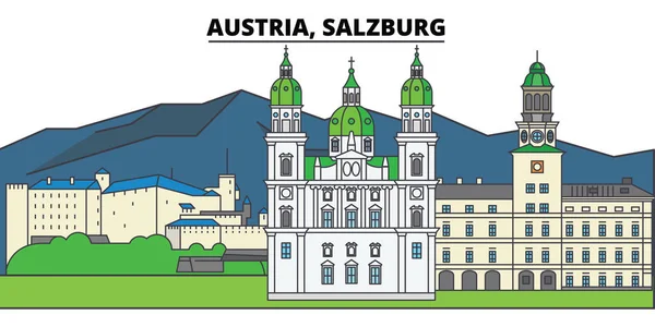 Austria, Salzburg. City skyline, architecture, buildings, streets, silhouette, landscape, panorama, landmarks. Editable strokes. Flat design line vector illustration concept. Isolated icons — Stock Vector