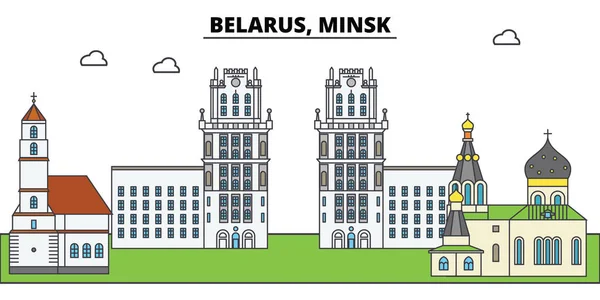 Wit-Rusland, Minsk. Skyline van de stad, architectuur, gebouwen, straten, silhouet, landschap, panorama, monumenten. Bewerkbare lijnen. Platte lijn vector illustratie ontwerpconcept. Geïsoleerde pictogrammen — Stockvector