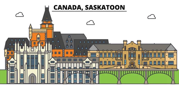 Saskatoon, Kanada. Şehir manzarası, mimari, binalar, caddeler, siluet, manzara, panorama, yerler. Düzenlenebilir vuruş. Düz çizgi vektör çizim tasarım. İzole simgeler