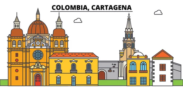 Colombia, Cartagena. Stadens skyline, arkitektur, byggnader, gator, siluett, landskap, panorama, sevärdheter. Redigerbara stroke. Platt design line vektor illustration koncept. Isolerade ikoner — Stock vektor