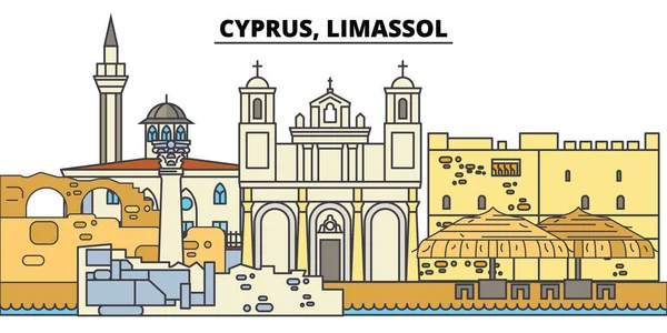 Kıbrıs, Limasol. Şehir manzarası, mimari, binalar, caddeler, siluet, manzara, panorama, yerler. Düzenlenebilir vuruş. Düz çizgi vektör çizim tasarım. İzole simgeler