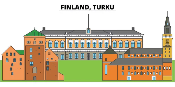 Финляндия, Турку. Городской пейзаж, архитектура, здания, улицы, силуэт, пейзаж, панорама, достопримечательности. Редактируемые штрихи. Концепция векторной иллюстрации плоского дизайна. Изолированные иконки — стоковый вектор