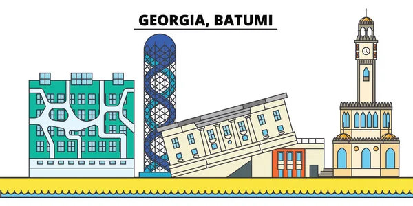 Georgia, Batumi. Langit kota, arsitektur, bangunan, jalan, siluet, lanskap, panorama, landmark. Stroke diedit. Konsep gambar vektor garis desain datar. Ikon terisolasi - Stok Vektor