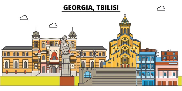 Georgia, Tbilisi. Langit kota, arsitektur, bangunan, jalan, siluet, lanskap, panorama, landmark. Stroke diedit. Konsep gambar vektor garis desain datar. Ikon terisolasi - Stok Vektor