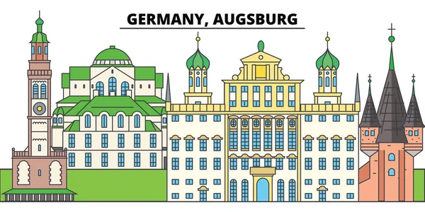 Augsburg, Almanya. Şehir manzarası, mimari, binalar, caddeler, siluet, manzara, panorama, yerler. Düzenlenebilir vuruş. Düz çizgi vektör çizim tasarım. İzole simgeler — Stok Vektör