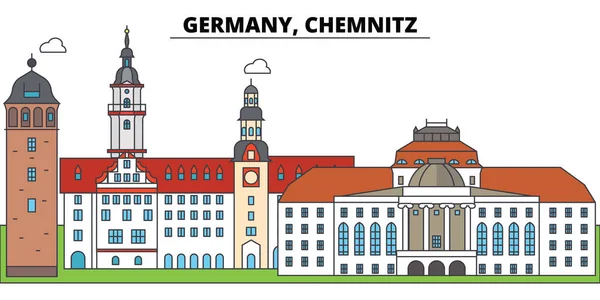 Germania, Chemnitz. skyline della città, architettura, edifici, strade, silhouette, paesaggio, panorama, punti di riferimento. Ictus modificabili. Concetto di illustrazione vettoriale della linea di progettazione piatta. Icone isolate — Vettoriale Stock